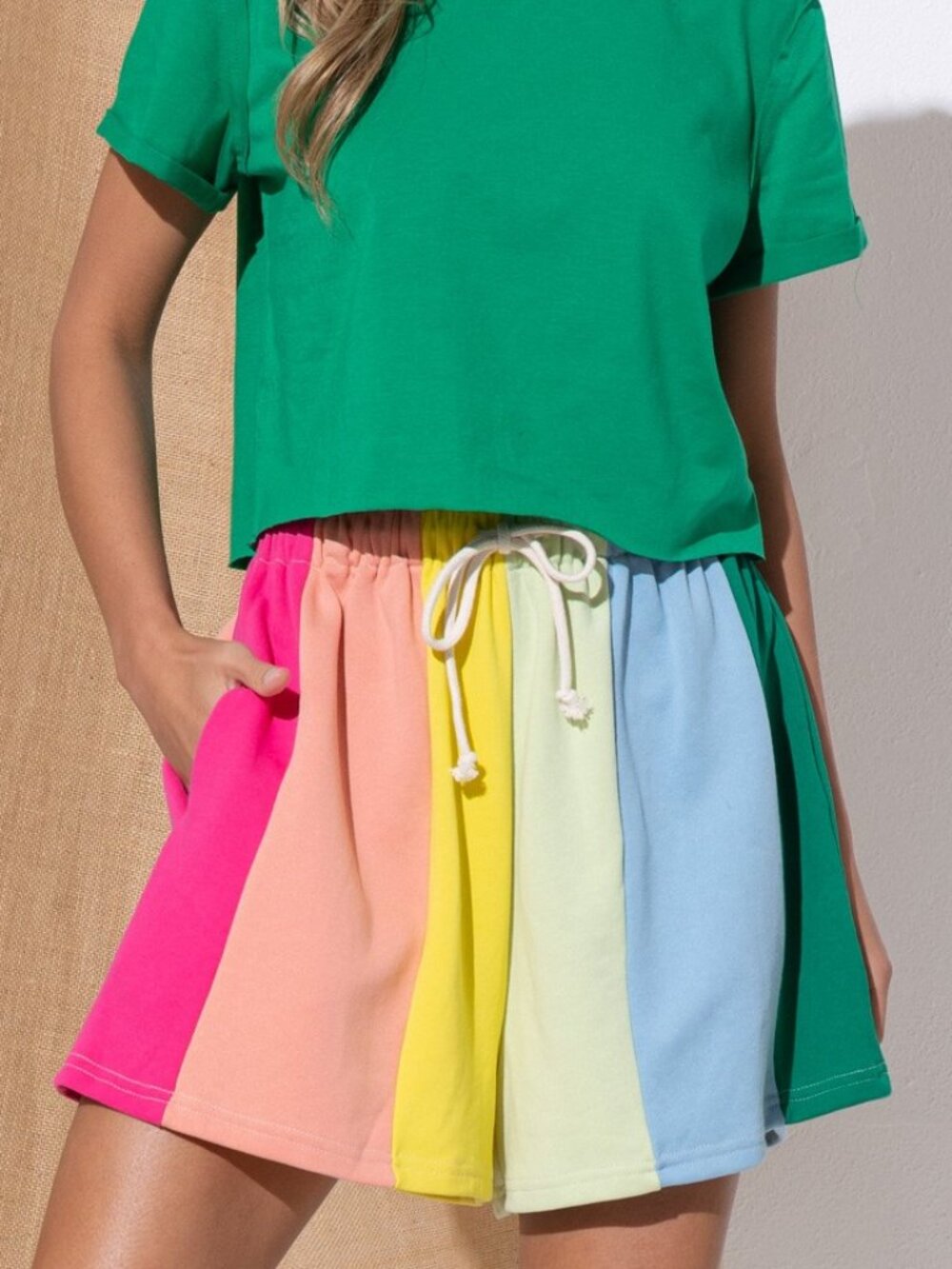 242. Rainbow Color Block Stripe Shorts with Pockets